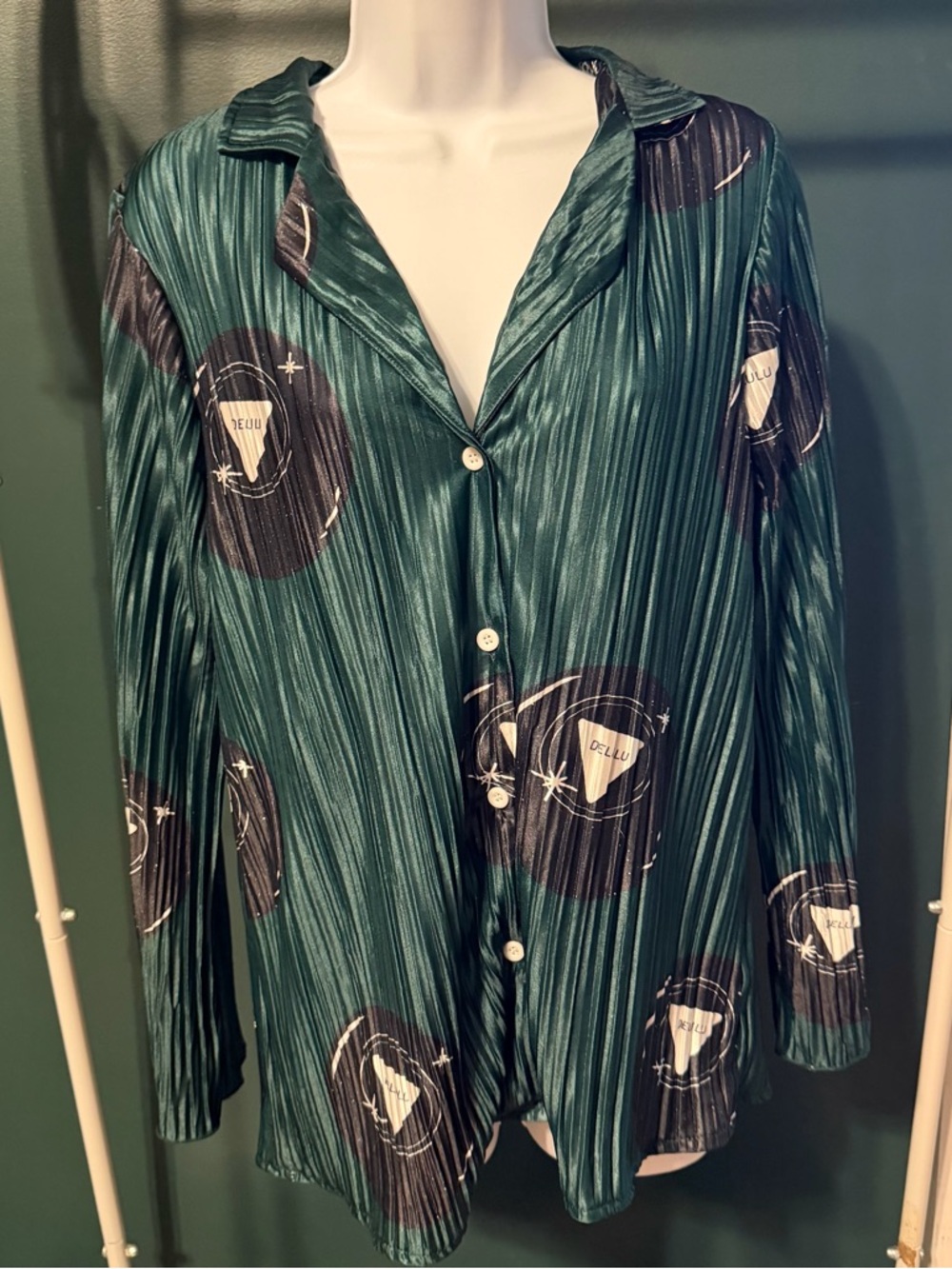 Pleated Teal Green Button-Front Shirt